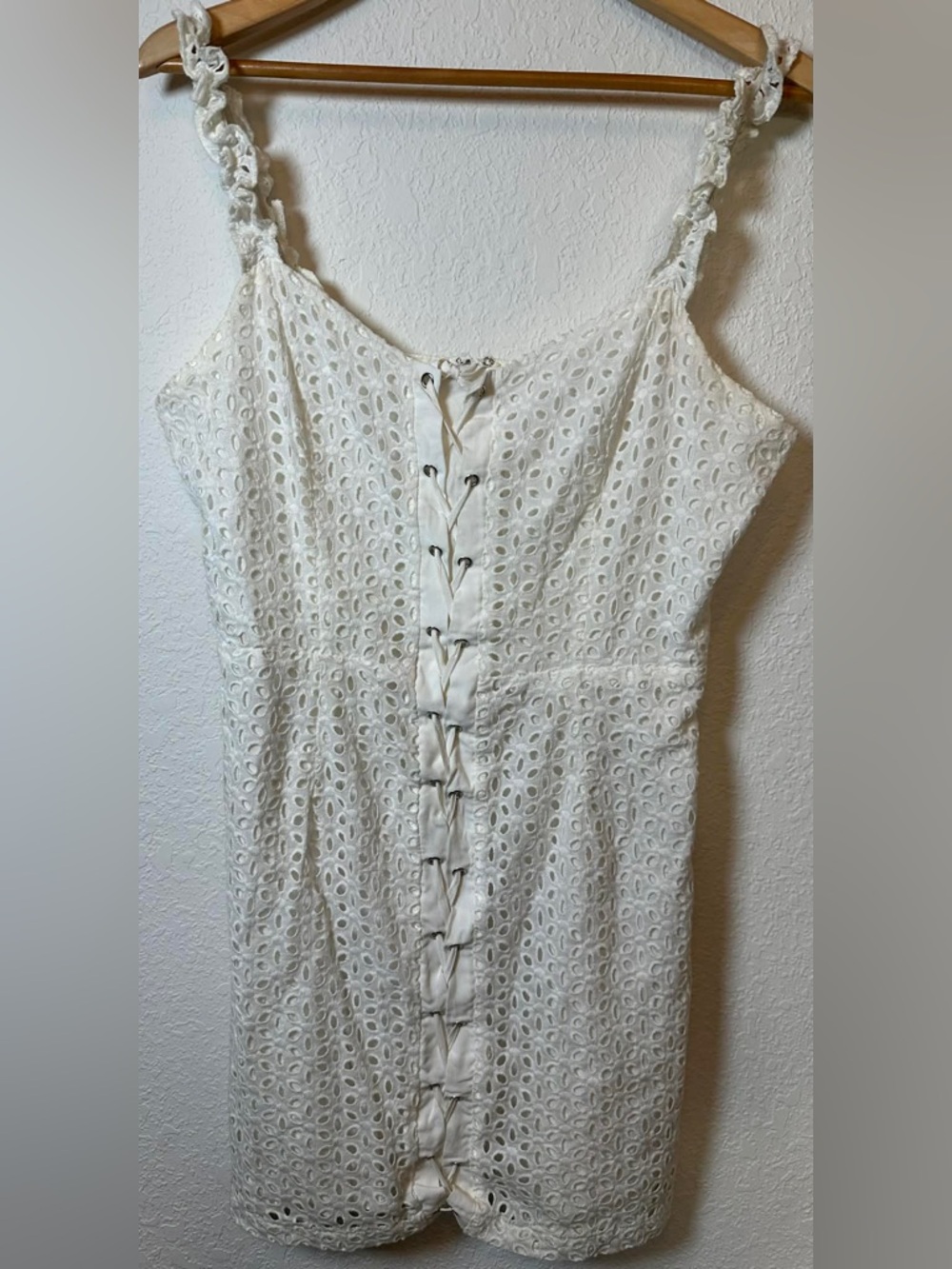 essue White Eyelet Lace-Up Mini Dress